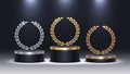 Stage podium with laurel wreath. Golden, silver and bronze stage podium in spot light. Stage podium for award ceremony.